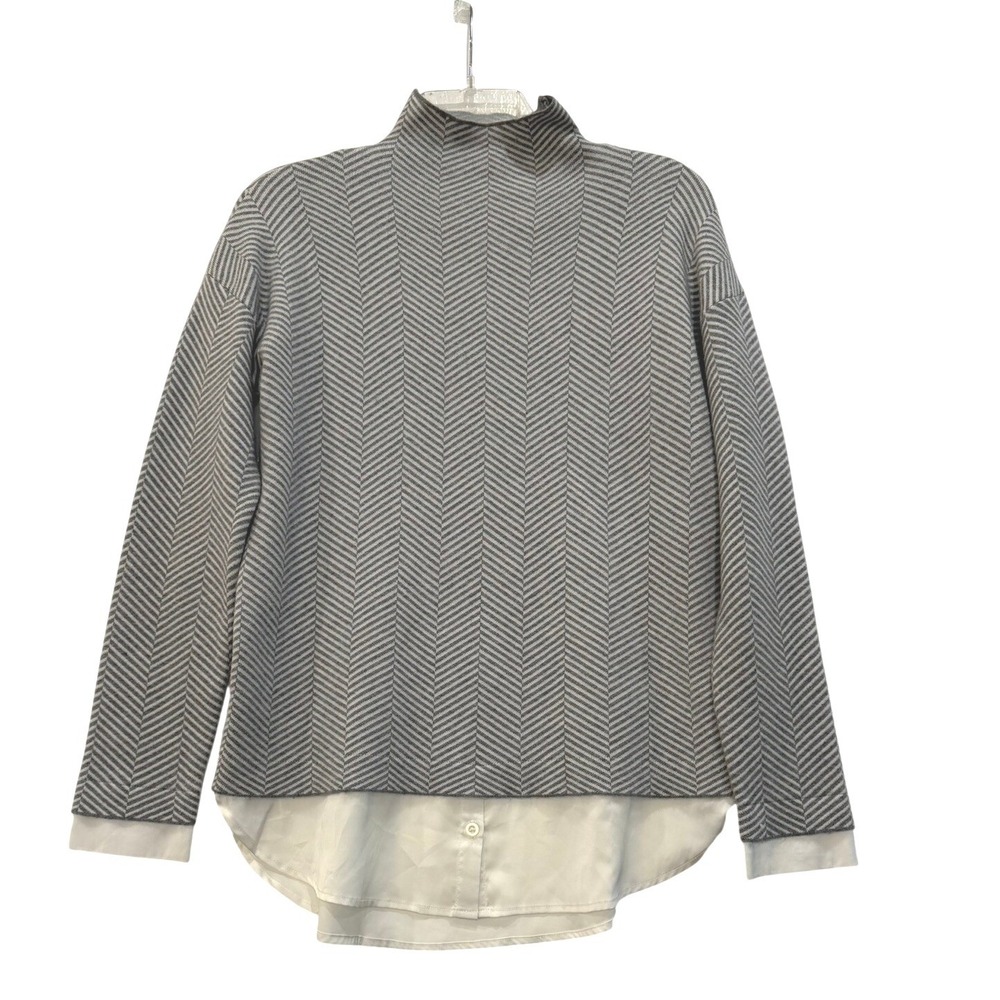 Adrienne Vittadini Women's Grey Herringbone Mock Neck Layered Sweater‎ Size S